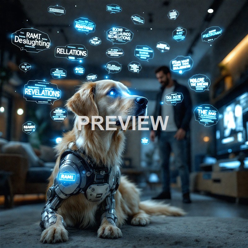 A golden retriever dog wearing a futuristic robotic harness sitting on the floor in a modern living room, with holographic text and symbols floating above its head and a person standing in the background.